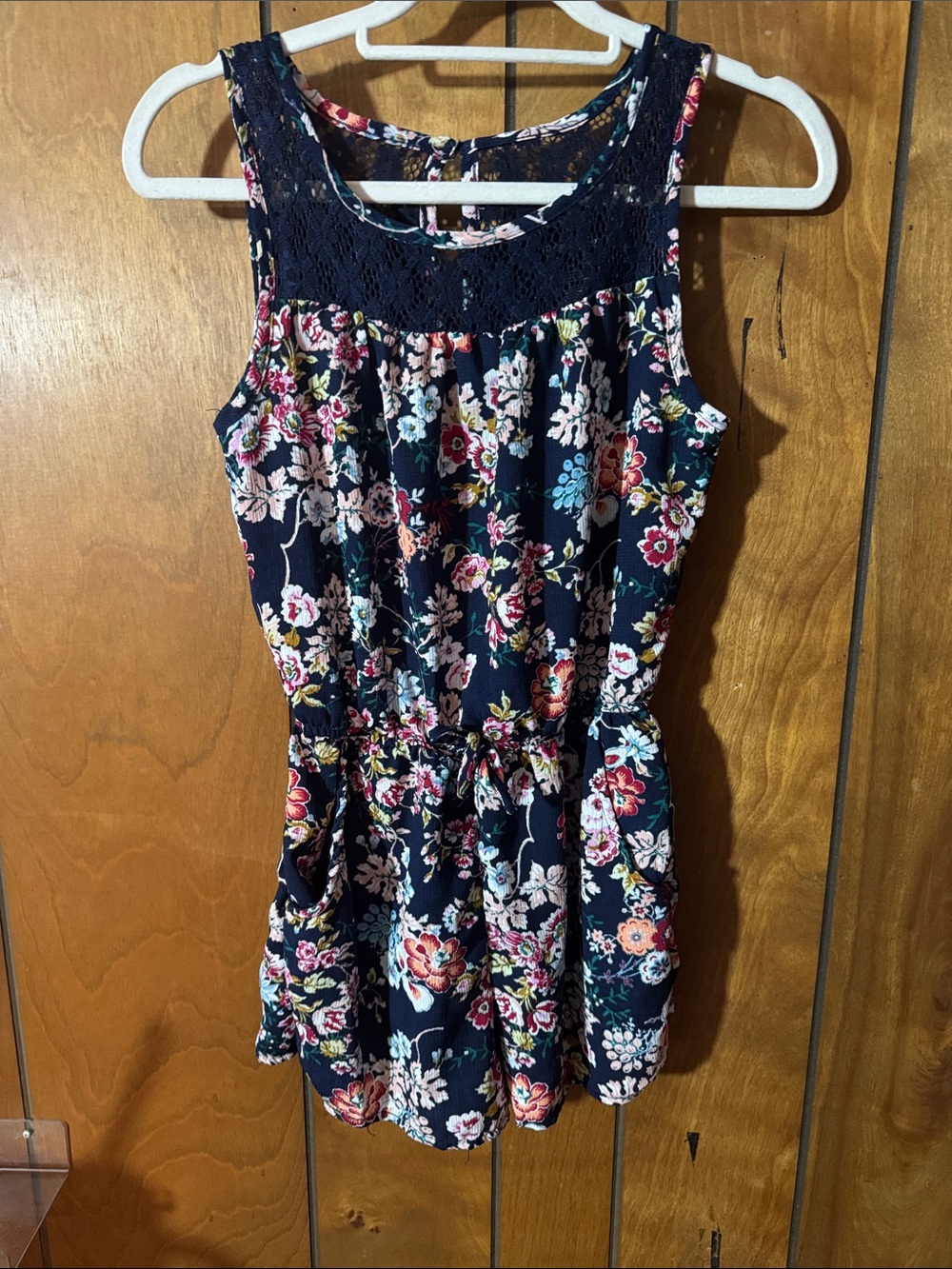 paper doll Navy Floral Girls Romper with Lace Yoke